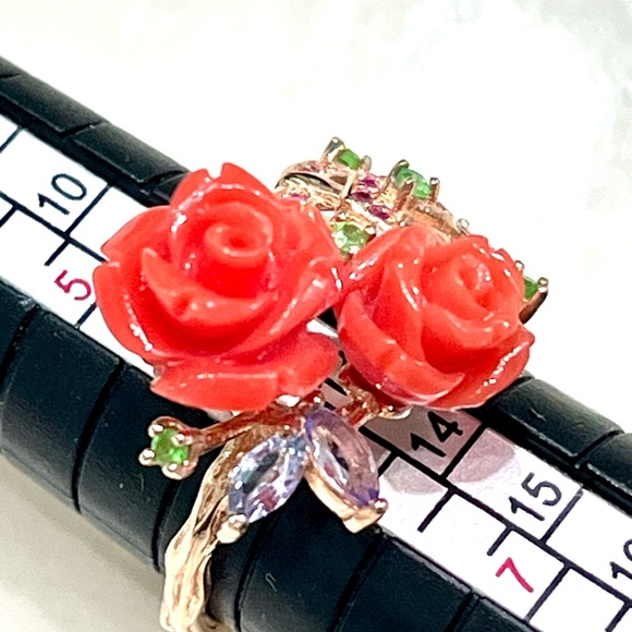 Natural Coral Emerald Aquamarine Garnet 14KGP Ring - Picture 3 of 6